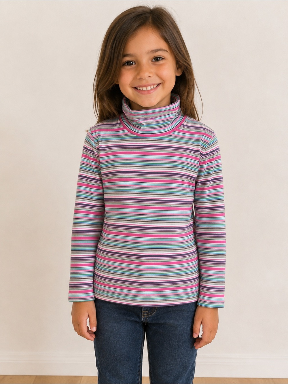 Girls' Striped Turtleneck Top in Pink Rainbow